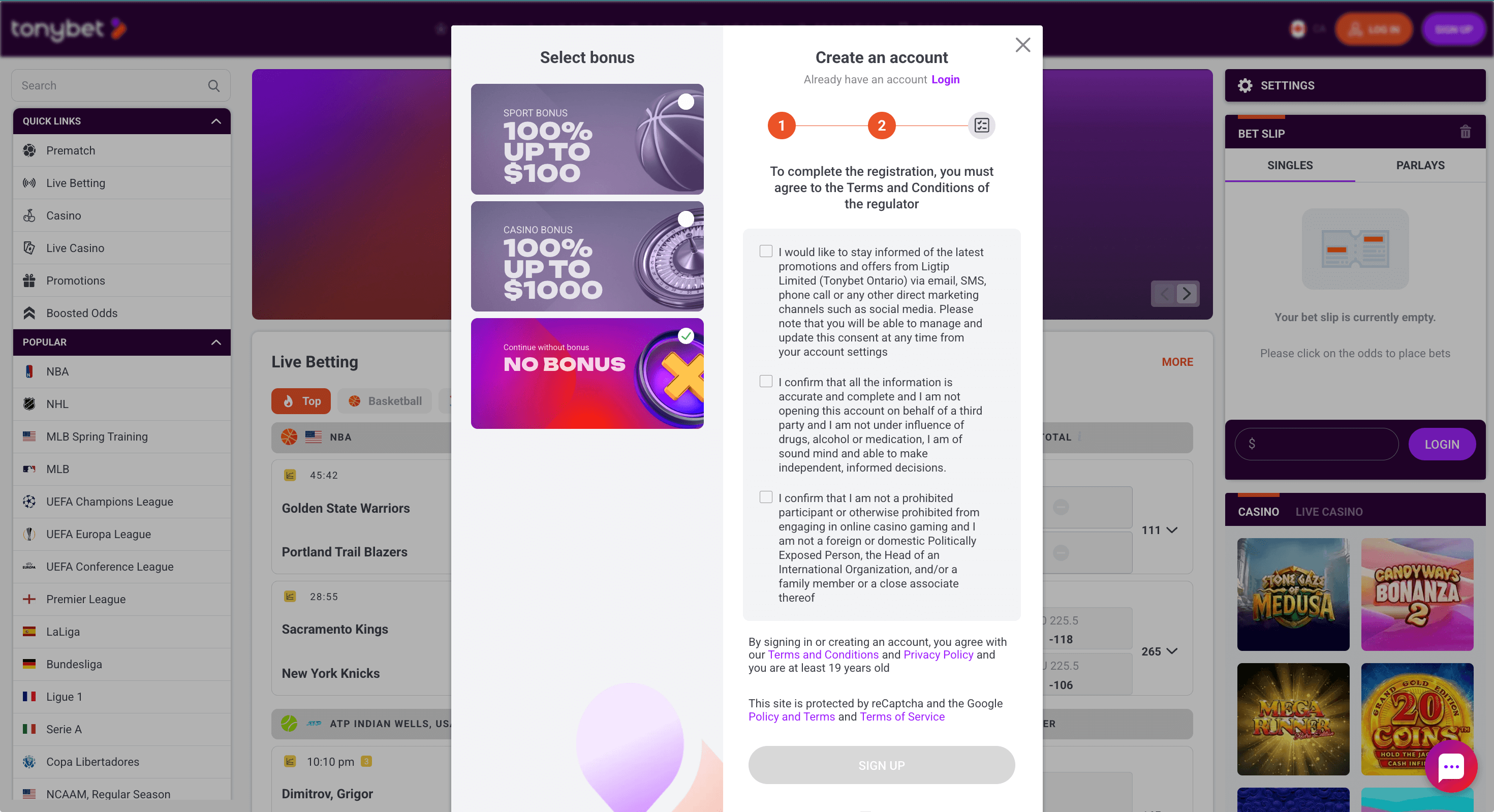 Screenshot der Tonybet Registrierungs- oder Einzahlungsmaske auf einem mobilen Gerät